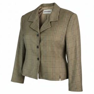VINTAGE 90s Silk Wool Tan Mix Houndstooth Plaid Structured Boxy Crop Blazer 10P